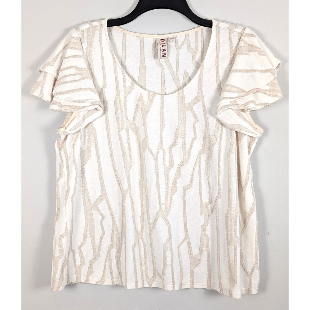 Dolan Left Coast Collection Ruffle Sleeve Knit Top Cream Tan Abstract Texture XL
